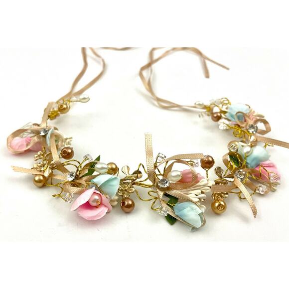 Pink Blue Floral Beaded Ribbon Wire Metal Headband Tiara Bohemian Hair Wrap NEW - Picture 5 of 11